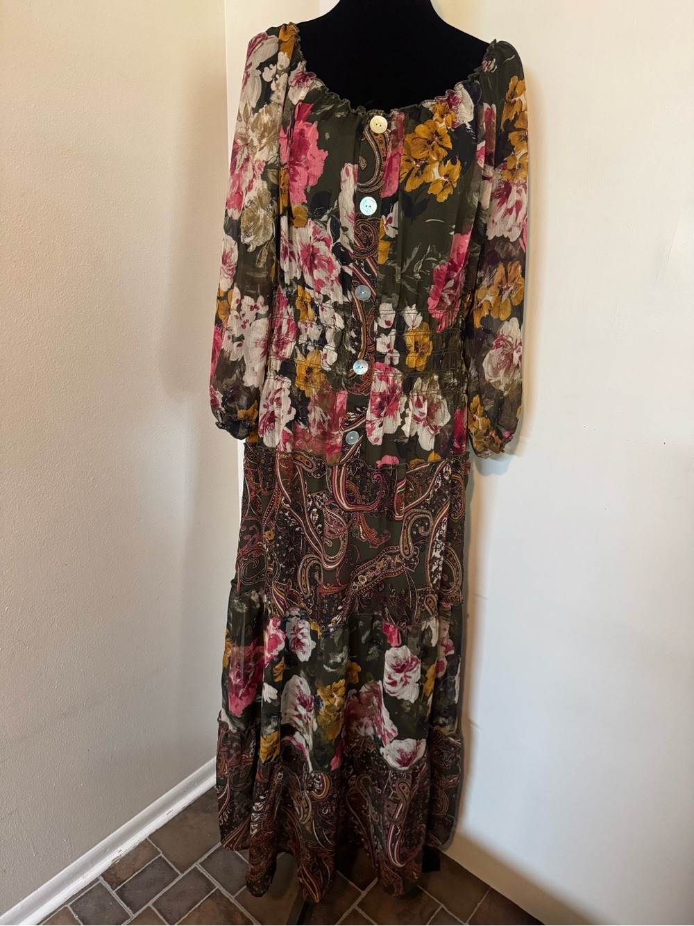 Olive Floral Tiered Maxi Dress with Pink & Yellow Blooms - Picture 2 of 7